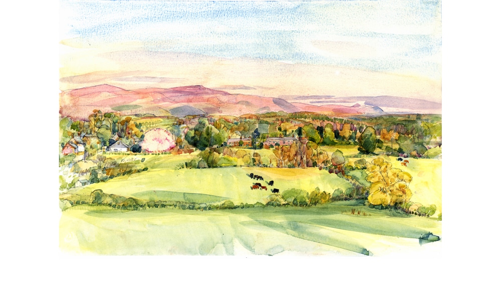 Golden Hour at High Bank Hill Kirkoswald Eden Valley Cumbria Watercolour h30 x w42 cms Giclee print £30.00