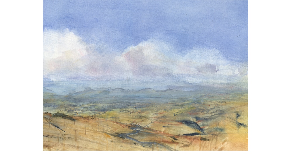 View over the Eden Valley to Lakeland fells from Hartside after Storm Desmond Cumbria Watercolour and watercolour pencil h36 x w60 cms £575.00