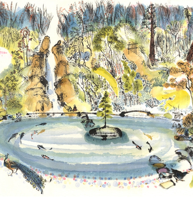 Kyoto Garden Holland Park, suibokuga, painting with sumi ink and watercolour at cherry blossom time