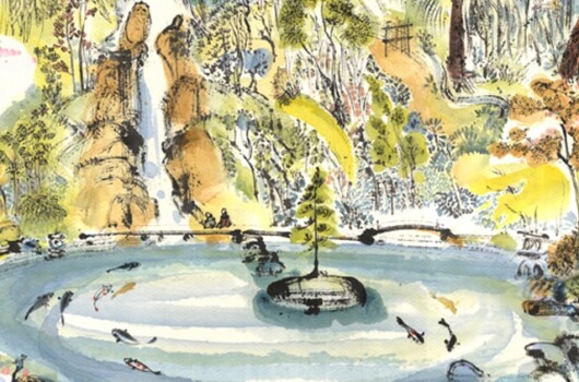 The Kyoto Garden, Holland Park is as beautiful as ever. It his a masterpiece of garden design it a response to every season and a resident peacock. Kyoto Garden Holland Park, suibokuga, painting with sumi ink and watercolour at cherry blossom time