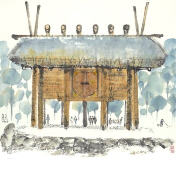 Sumi Japanese ink and watercolour on Japanese Moon Palace paper (h62cm x w 85cm) Ise Jingū Sacred Rice Storehouse II