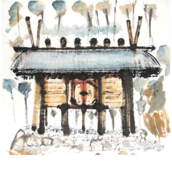 Sumi Japanese ink and watercolour on Xuan paper (h62cm x w 85cm) Ise Jingū Sacred Rice Storehouse I